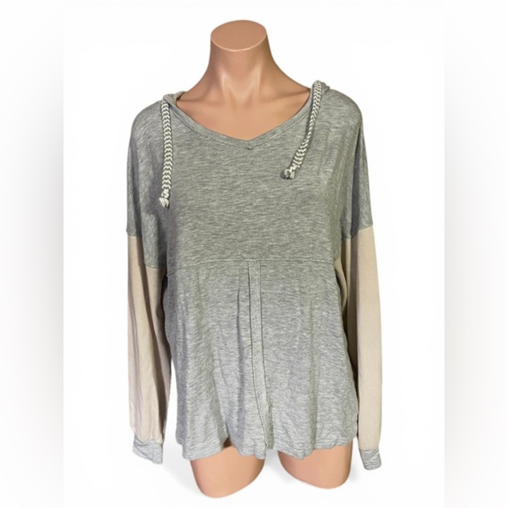 BKE Hoodie Gray Jersey Cream Thermal Sleeve Womens S Small Oversized V Neck